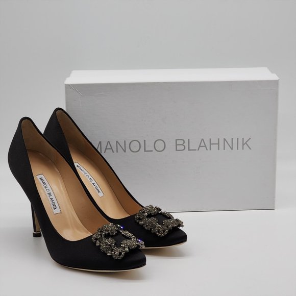 Manolo Blahnik Hangisi Satin Pumps Heels Black $1195 - Picture 2 of 6